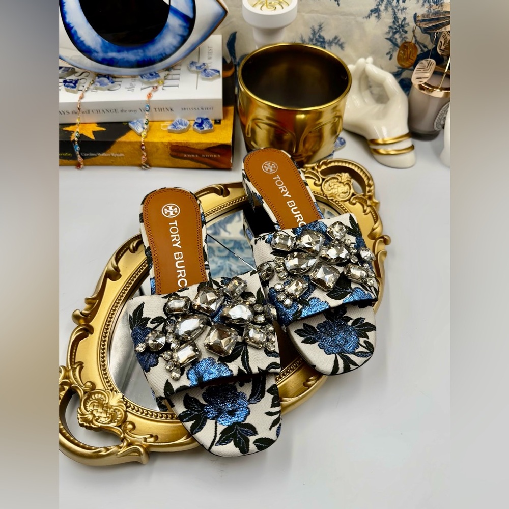 🆕 TORY BURCH 🧿 BNWOB Martine Crystal Jacquard Slide, Sz 7